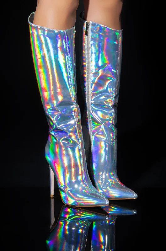 Knee high boots with chain accents​AZALEA WANG NOVA SEXY STILETTO BOOT IN SILVER
