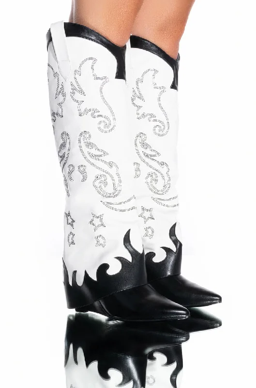 Knee high boots with side slitsAZALEA WANG OUTLAND WESTERN WEDGE BOOT IN BLACK WHITE Knee high boots with side slitsAZALEA WANG OUTLAND WESTERN WEDGE BOOT IN BLACK WHITE