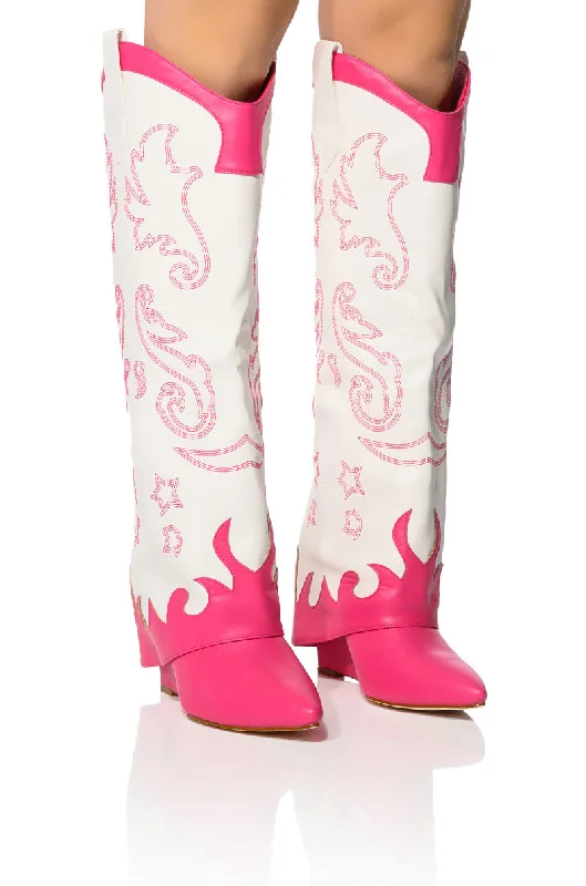 Vegan leather knee high boots for an eco - friendly optionAZALEA WANG OUTLAND WESTERN WEDGE BOOT IN FUCHSIA WHITE Vegan leather knee high boots for an eco - friendly optionAZALEA WANG OUTLAND WESTERN WEDGE BOOT IN FUCHSIA WHITE