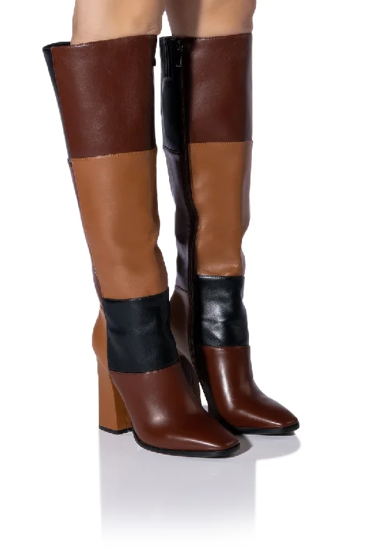 Knee high boots with studded embellishments​AZALEA WANG PRAIRIE PATCH BOOT IN MULTI