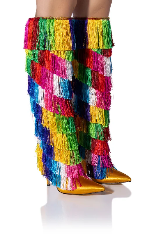 Leatherette knee high boots for a budget - friendly choiceAZALEA WANG PRISTINA BOOT WITH RAINBOW FRINGE Leatherette knee high boots for a budget - friendly choiceAZALEA WANG PRISTINA BOOT WITH RAINBOW FRINGE