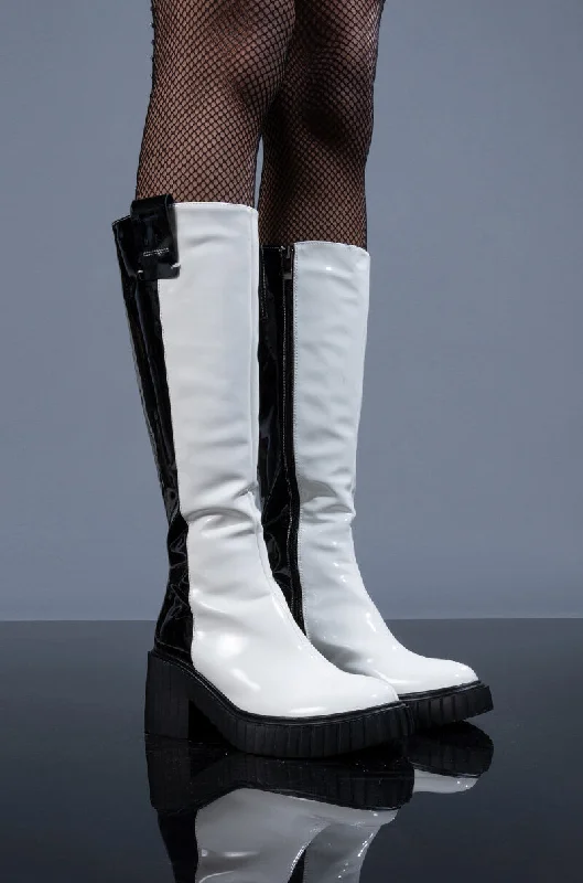 Pointed toe knee high boots for a sophisticated styleAZALEA WANG SEEING DOUBLE FLATFORM BOOT IN BLACK WHITE Pointed toe knee high boots for a sophisticated styleAZALEA WANG SEEING DOUBLE FLATFORM BOOT IN BLACK WHITE