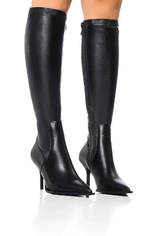 Knee high boots with adjustable straps​AZALEA WANG SHULI BLACK KITTEN HEEL BOOT