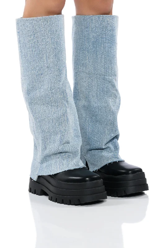 Knee high boots with detachable fur collars​AZALEA WANG SHURI DENIM FOLD OVER BOOT
