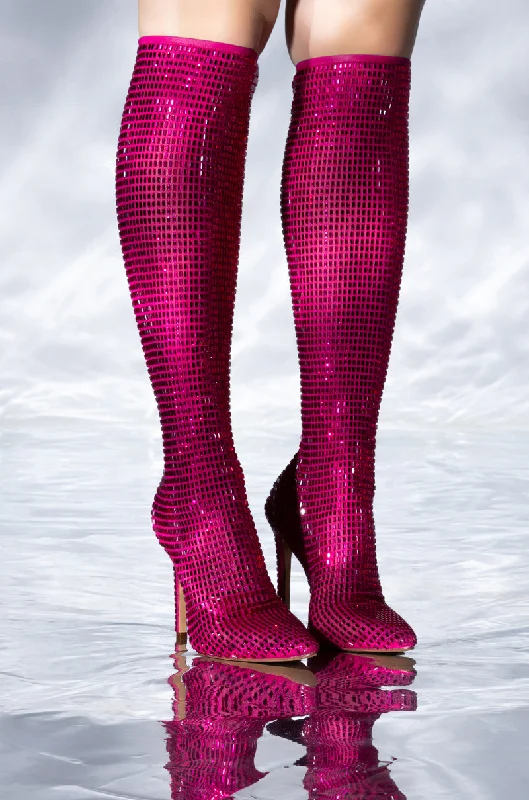 Knee high boots with a lace - up front and side zipperAZALEA WANG STATUE EMBELLISHED STRETCH BOOT IN PINK Knee high boots with a lace - up front and side zipperAZALEA WANG STATUE EMBELLISHED STRETCH BOOT IN PINK