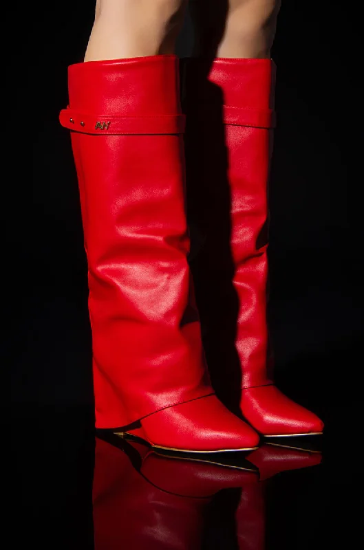 Knee high boots with studded embellishments​AZALEA WANG STUCK ON YOU WEDGE BOOT IN RED
