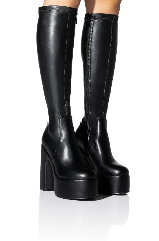 Knee high boots with a fold - over top​AZALEA WANG SUTTON PU CHUNKY BOOT IN BLACK
