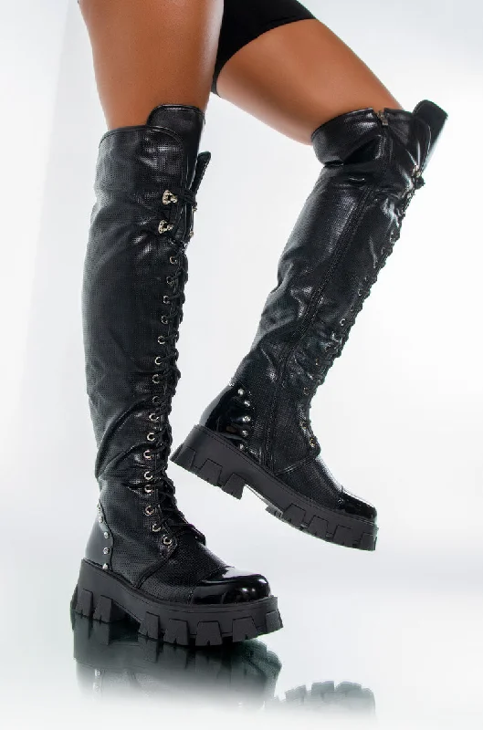 Square toe knee high boots for a contemporary styleAZALEA WANG THERE SHE GO FLATFORM BOOT IN BLACK Square toe knee high boots for a contemporary styleAZALEA WANG THERE SHE GO FLATFORM BOOT IN BLACK