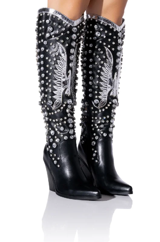 Ribbed knee high boots for added gripAZALEA WANG UPBEAT EMBELLISHED STILETTO BOOT IN BLACK Ribbed knee high boots for added gripAZALEA WANG UPBEAT EMBELLISHED STILETTO BOOT IN BLACK