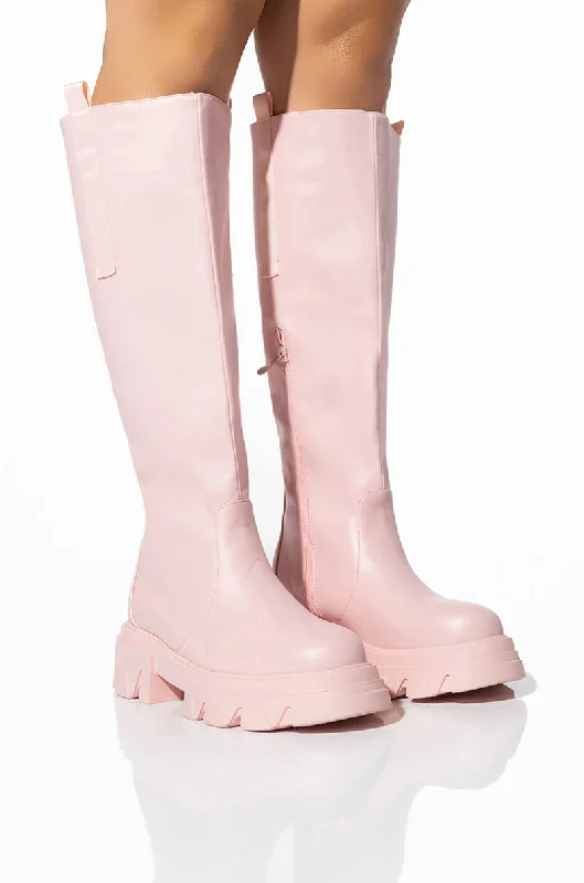 Knee high boots with perforated designsAZALEA WANG VALERIE SLIP ON PINK BOOT IN PINK Knee high boots with perforated designsAZALEA WANG VALERIE SLIP ON PINK BOOT IN PINK