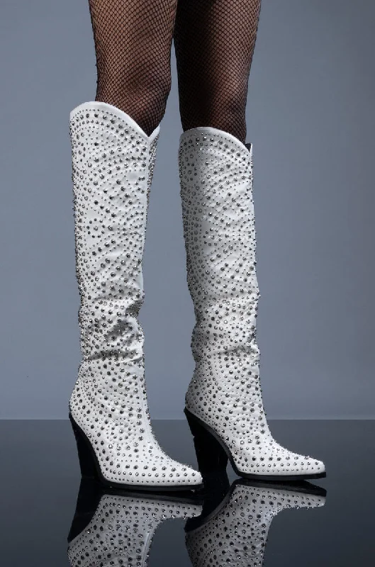 Knee high boots with a zippered back​AZALEA WANG WAY OUT WEST CHUNKY BOOT IN WHITE
