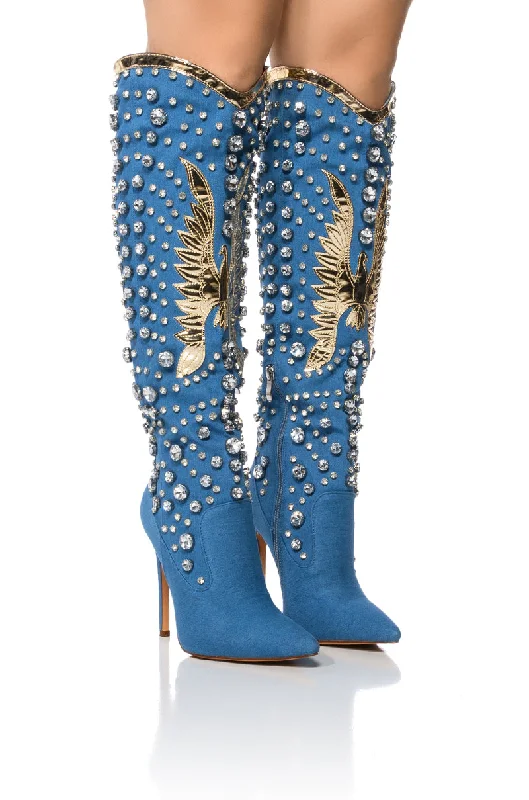 Knee high boots with decorative tasselsAZALEA WANG ZINNIA EMBELLISHED KNEE HIGH STILETTO BOOT IN DENIM Knee high boots with decorative tasselsAZALEA WANG ZINNIA EMBELLISHED KNEE HIGH STILETTO BOOT IN DENIM