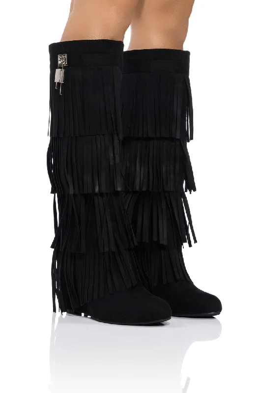 Pointed toe knee high boots for a sophisticated styleDIXIE FRINGE FOLD OVER BOOT IN BLACK Pointed toe knee high boots for a sophisticated styleDIXIE FRINGE FOLD OVER BOOT IN BLACK