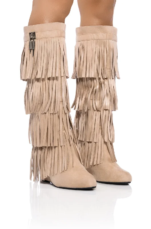 Printed knee high boots with geometric patternsDIXIE FRINGE FOLD OVER BOOT IN KHAKI Printed knee high boots with geometric patternsDIXIE FRINGE FOLD OVER BOOT IN KHAKI
