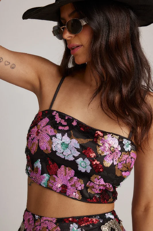women's moto boots with low heelDynamo Floral Sequin Crop Top
