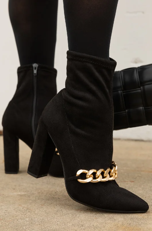 women's ankle bootiesElevate Me Gold Chain Block Heel Ankle Boots - Black