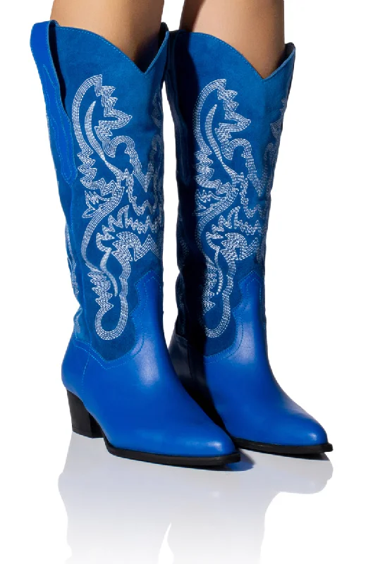 Knee high boots with a block heelIGGY METALLIC WESTERN STYLE BELOW THE KNEE BOOT IN BLUE Knee high boots with a block heelIGGY METALLIC WESTERN STYLE BELOW THE KNEE BOOT IN BLUE