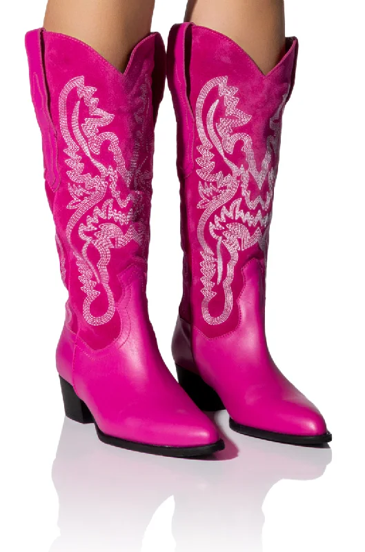 Knee high boots with a zippered backIGGY METALLIC WESTERN STYLE BELOW THE KNEE BOOT IN FUCHSIA Knee high boots with a zippered backIGGY METALLIC WESTERN STYLE BELOW THE KNEE BOOT IN FUCHSIA