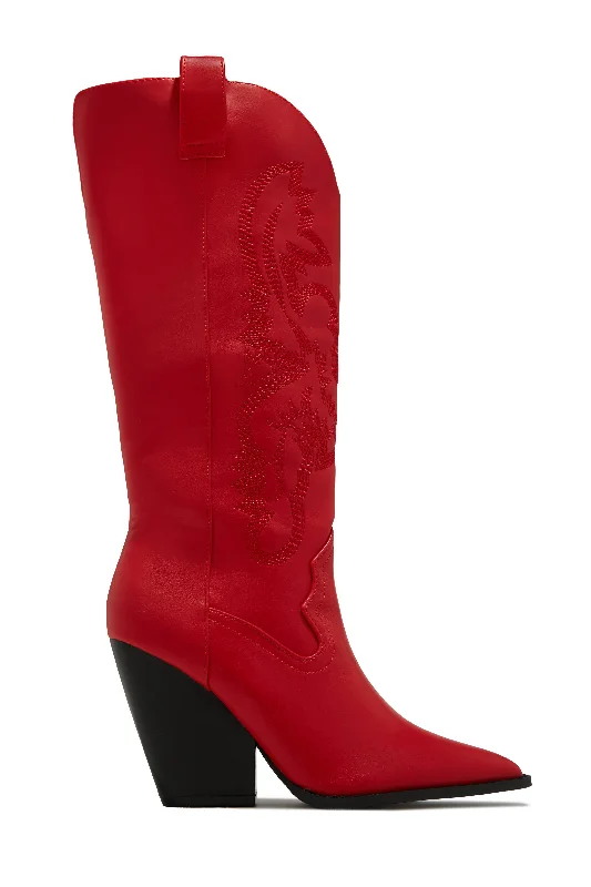 women's booties with tassel detailJamille Block Heel Cowgirl Boots - Red