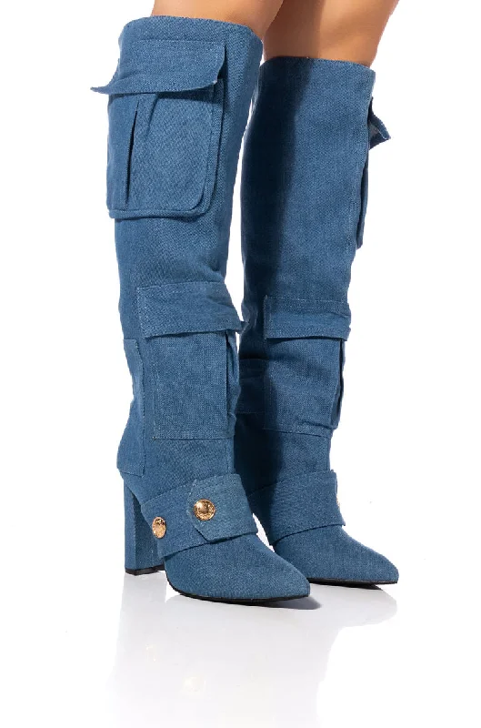 Flat sole knee high boots for all - day comfort​JAMISEN BLUE CHUNKY BOOT IN DENIM