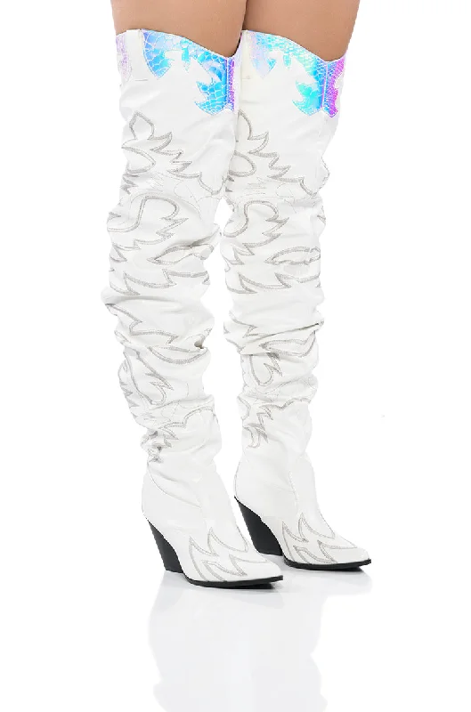 Knee high boots with elastic gussets​KELSEY OVER THE KNEE WESTERN BOOT IN WHITE