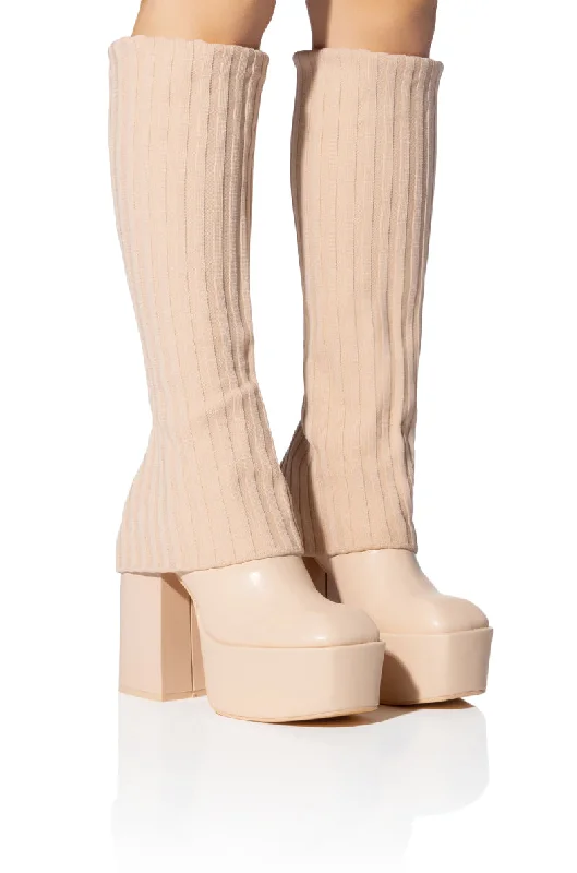Knee high boots with faux snake skin textureLEILA KNIT FOLD OVER CHUNKY BOOT IN NUDE Knee high boots with faux snake skin textureLEILA KNIT FOLD OVER CHUNKY BOOT IN NUDE