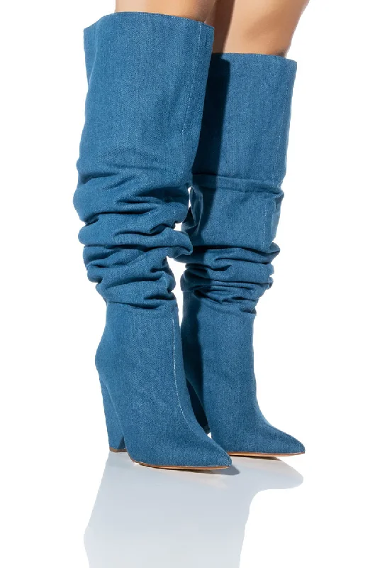 Shearling lined knee high boots for ultimate coziness​NANO DENIM CHUNKY BOOT