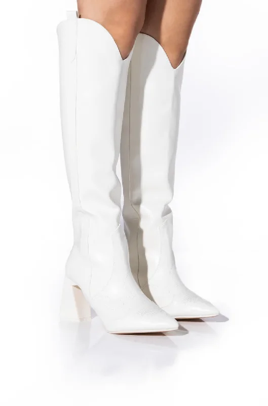 Chunky heel knee high boots for a bold look​POSTED WHITE KNEE HIGH BOOT