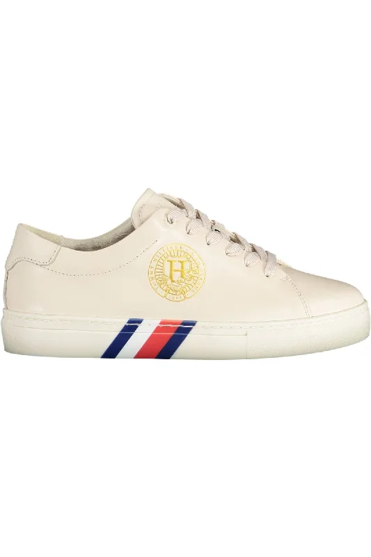 women's waterproof bootiesTommy Hilfiger Beige Lace-Up Sneaker with Iconic Accents