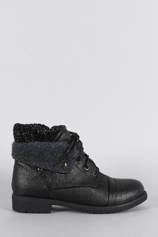 women's booties with tassel detailSweater Fold Over Cuff Round Toe Lace Up Combat Booties
