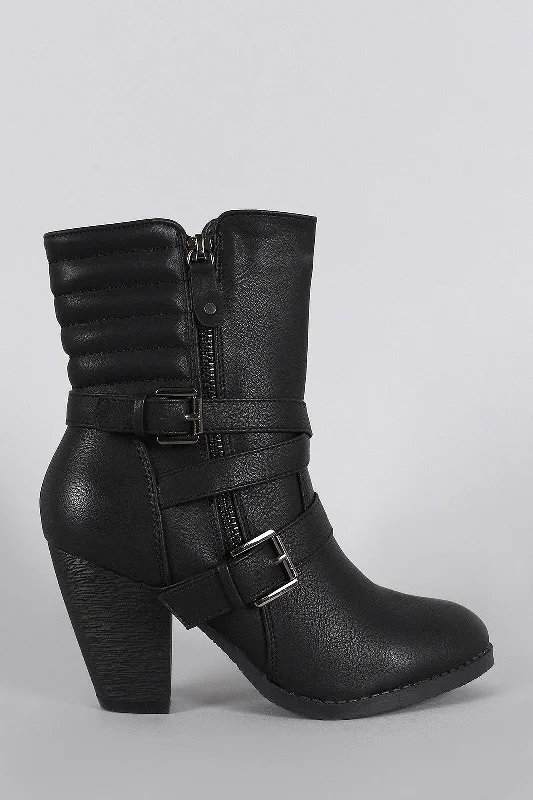 women's booties with floral designZipper Strappy Buckle Quilted Chunky Heeled Mid Calf Boots women's booties with floral designZipper Strappy Buckle Quilted Chunky Heeled Mid Calf Boots