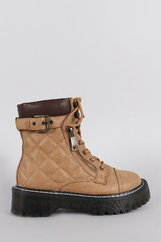 women's booties for knee supportZipper Combat Lace Up Lug Sole Flatform Ankle Boots