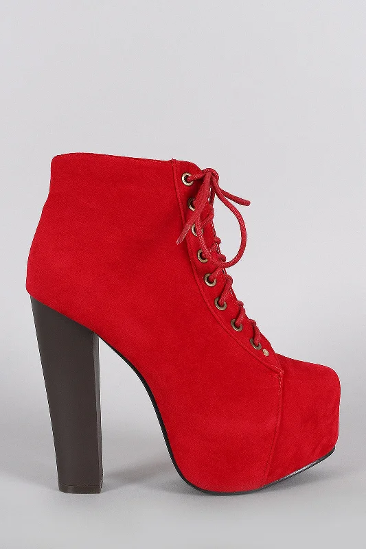 women's booties with unique strapsVegan Suede Platform Chunky Heel Lace Up Booties