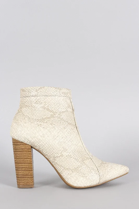 women's booties for tall womenWild Diva Lounge Snake Pointy Toe Heeled Ankle Boots