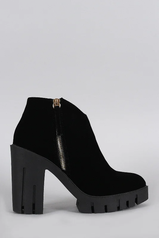 women's winter bootiesVelvet Pointy Toe Zip Up Lug Sole Platform Heeled Booties
