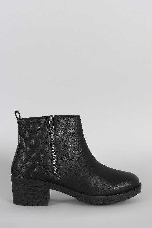 leather women bootiesZipper Trim Quilted Round Toe Ankle Boots