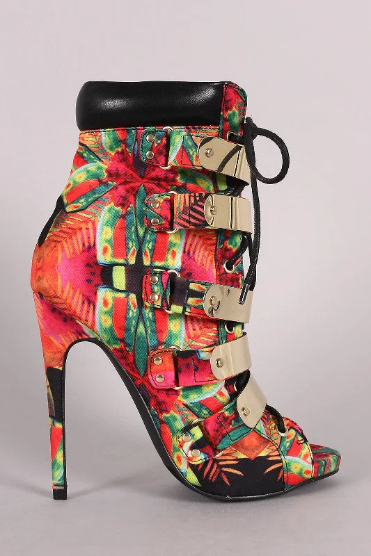 women's booties for workTropical Print Strappy Metallic Shield Combat Stiletto Booties women's booties for workTropical Print Strappy Metallic Shield Combat Stiletto Booties