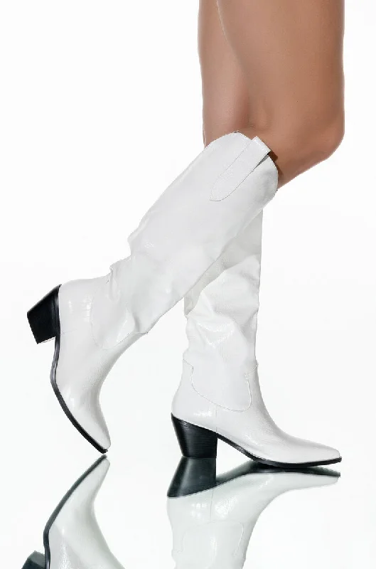 Knee high boots with a block heel​WHITE CROC