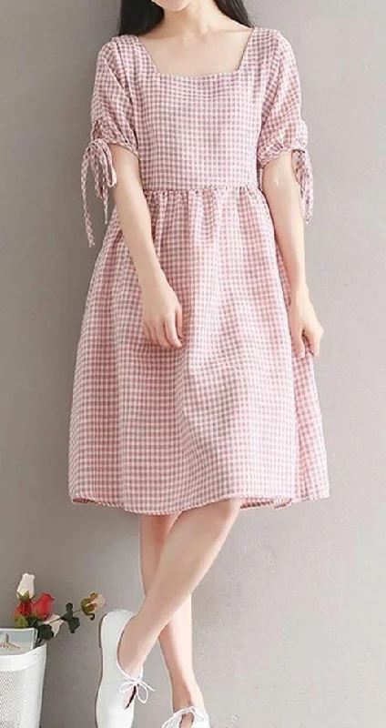 women's vintage western bootsWomen Casual White & Pink Checked Dress