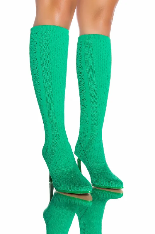 Knee high boots with studded embellishmentsZERO GRAVITY MID CALF KNIT CHUNKY BOOT IN GREEN Knee high boots with studded embellishmentsZERO GRAVITY MID CALF KNIT CHUNKY BOOT IN GREEN