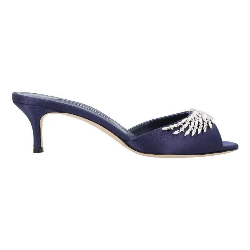 Women's Ankle Strap Mules in Navy Blue with Rhinestone Embellishments for a Sparkly LookManolo Blahnik Lumada Fabio 050 Mule Blue Women's Ankle Strap Mules in Navy Blue with Rhinestone Embellishments for a Sparkly LookManolo Blahnik Lumada Fabio 050 Mule Blue