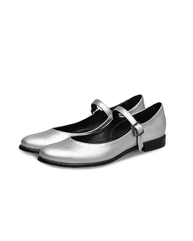 Women's casual shoes with shock - absorbing soles for a smooth strideMary Jane Pumps Silver ballerinas made of Vegea grape leather Women's casual shoes with shock - absorbing soles for a smooth strideMary Jane Pumps Silver ballerinas made of Vegea grape leather