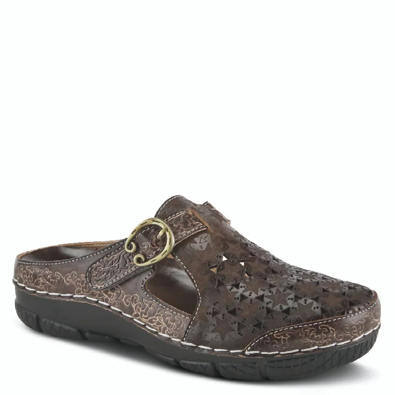 Women's Slip - On Leather Mules with Gold Buckles in Black for a Classic and Sophisticated StylePopcorn Mini Flower Belted Clog In Brown Women's Slip - On Leather Mules with Gold Buckles in Black for a Classic and Sophisticated StylePopcorn Mini Flower Belted Clog In Brown