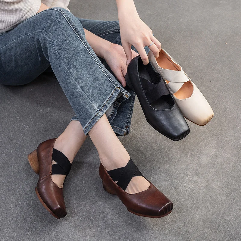 Women's casual shoes in green for a unique touchWomen Retro Leather Cross Strap Low Block Casual Shoes Women's casual shoes in green for a unique touchWomen Retro Leather Cross Strap Low Block Casual Shoes